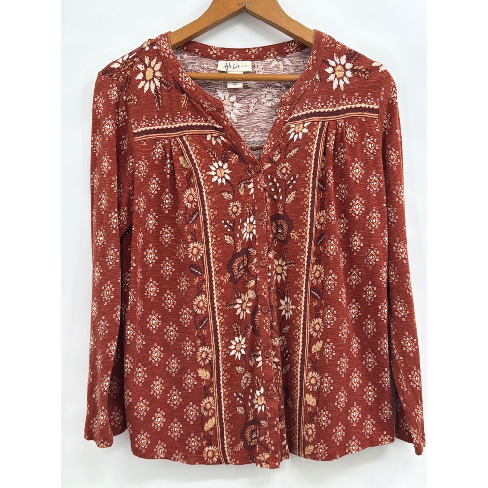 Style‎ & Co Petite Rust Orange Boho Floral Button Front Long Sleeve Top PM